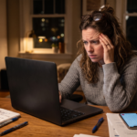Woman searching for homes on her computer with frustrated look